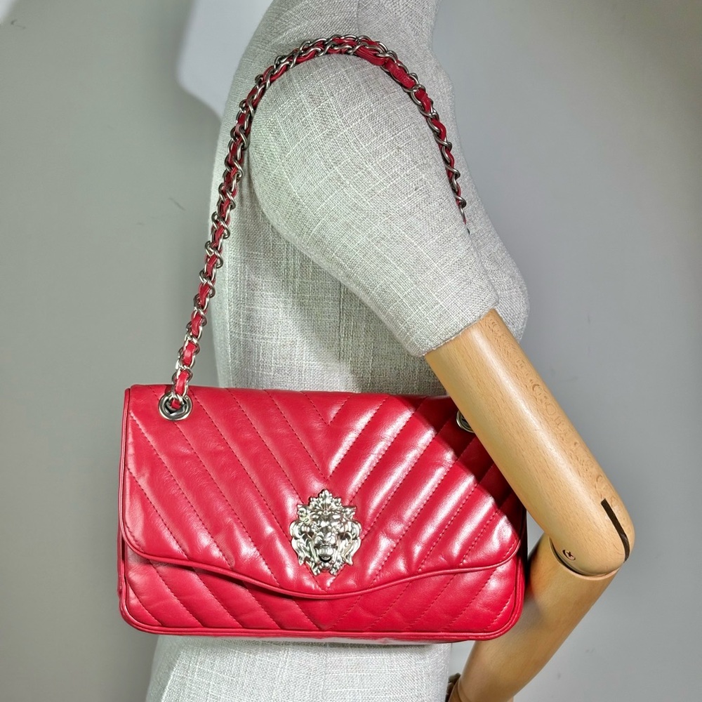 CHANEL Red Lambskin Chevron Flap Bag SHW Lion Hardware - Picture 16 of 16